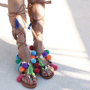 Alameda Turquesa X The French Fries Matisse Pom Pom Gladiator Wrap Sandals 38 8